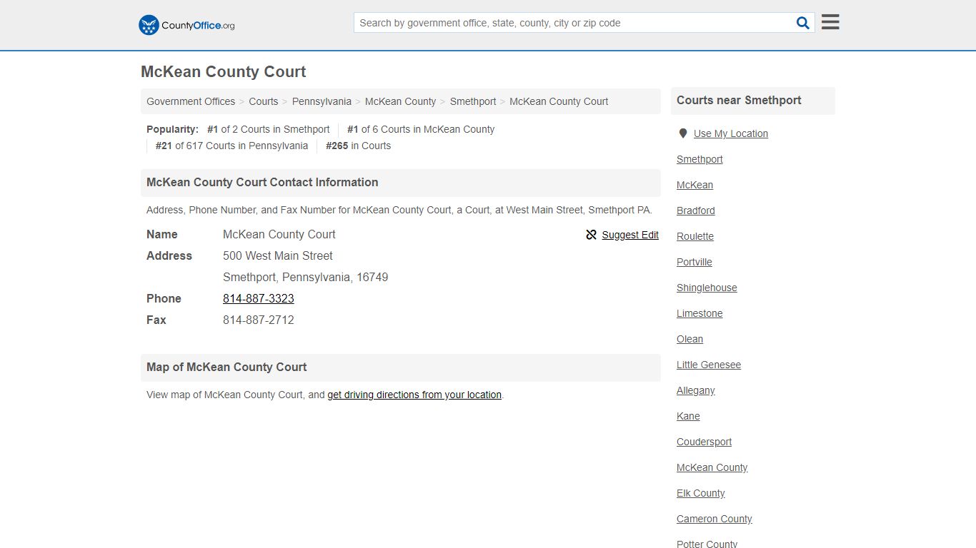 McKean County Court - Smethport, PA (Address, Phone, and Fax)
